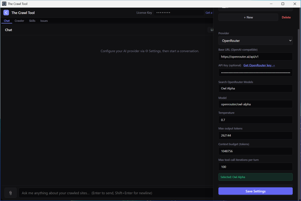 The Crawl Tool OpenRouter LLM Settings