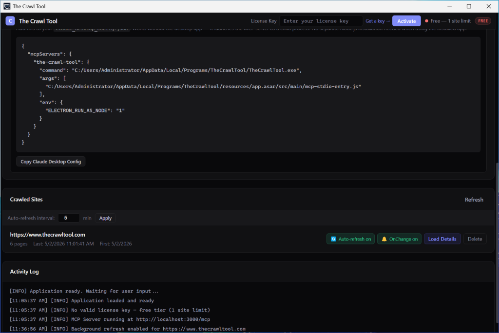 The Crawl Tool Auto Refresh Options Example.