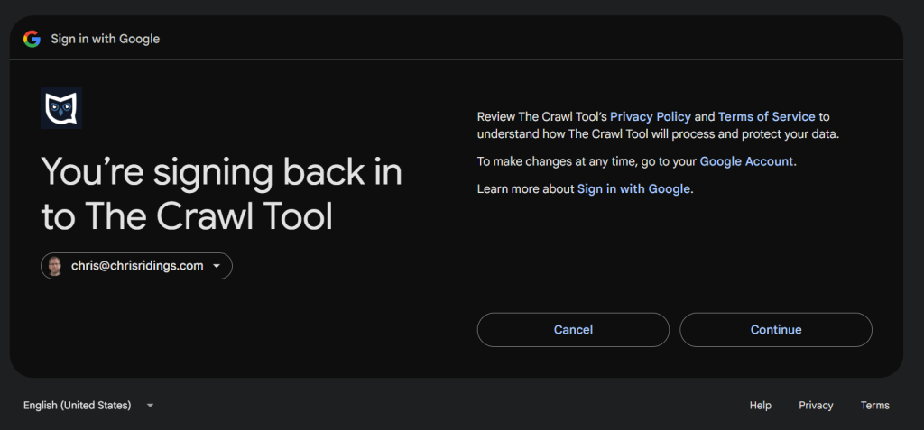 Signing into The Crawl Tool - continue