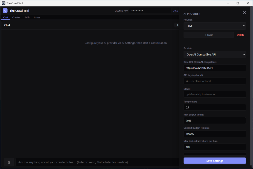 The Crawl Tool AI Profiles Screen