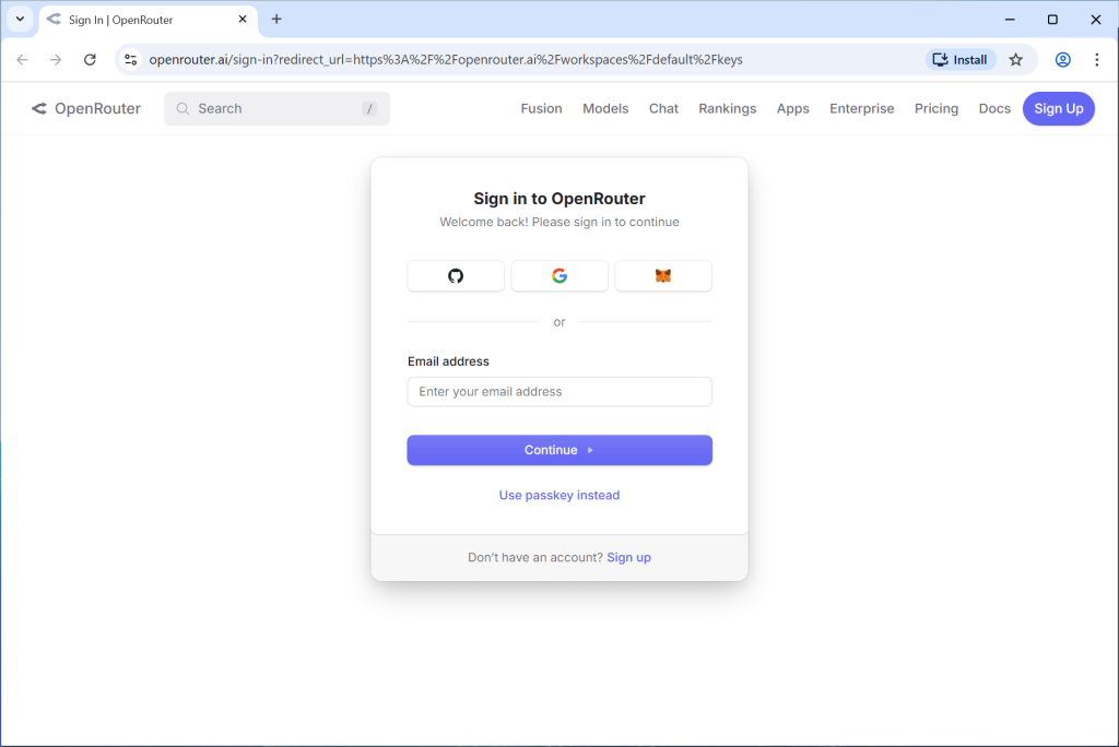 OpenRouter Sign in Screen