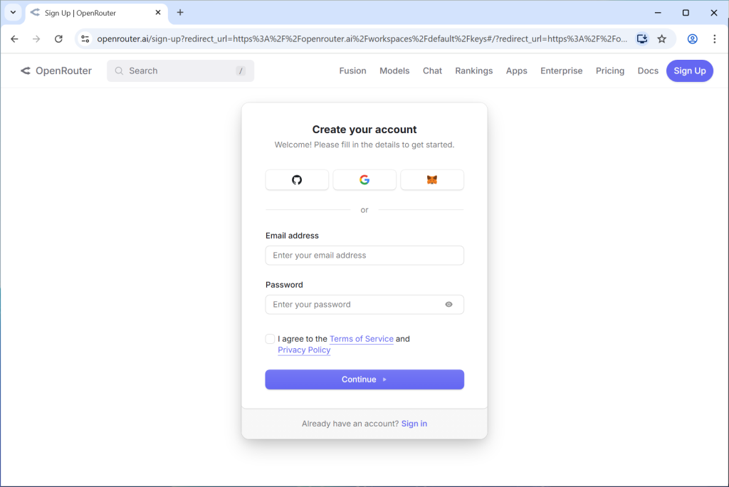 OpenRouter Create Account Screen