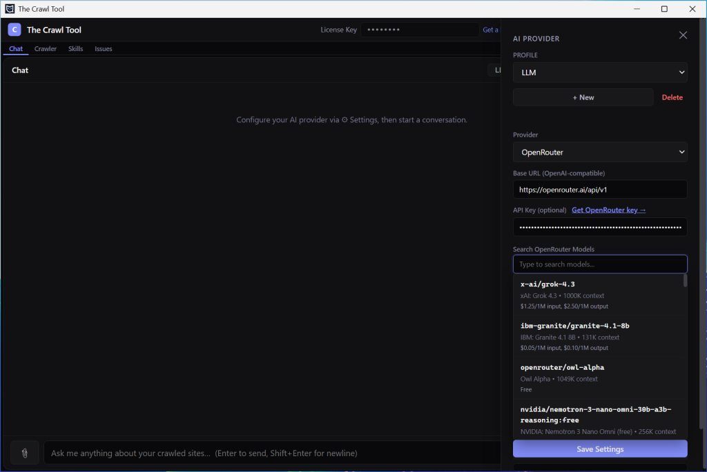 The Crawl Tool OpenRouter API Key Setup Screen