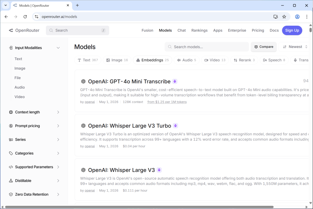 OpenRouter Models Screen