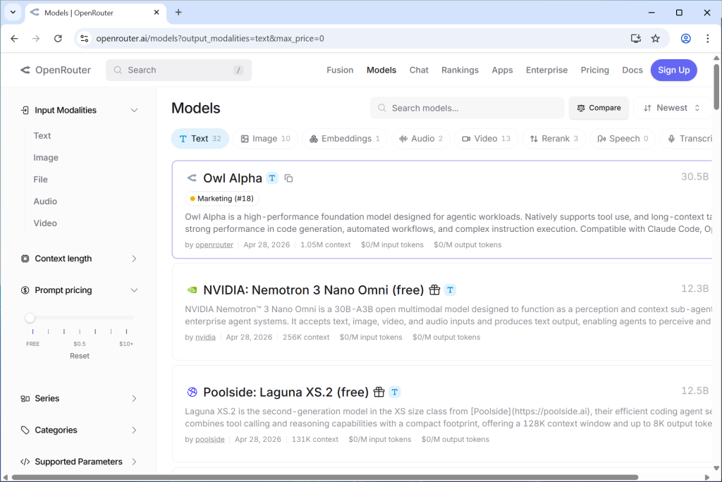 OpenRouter Models Listing