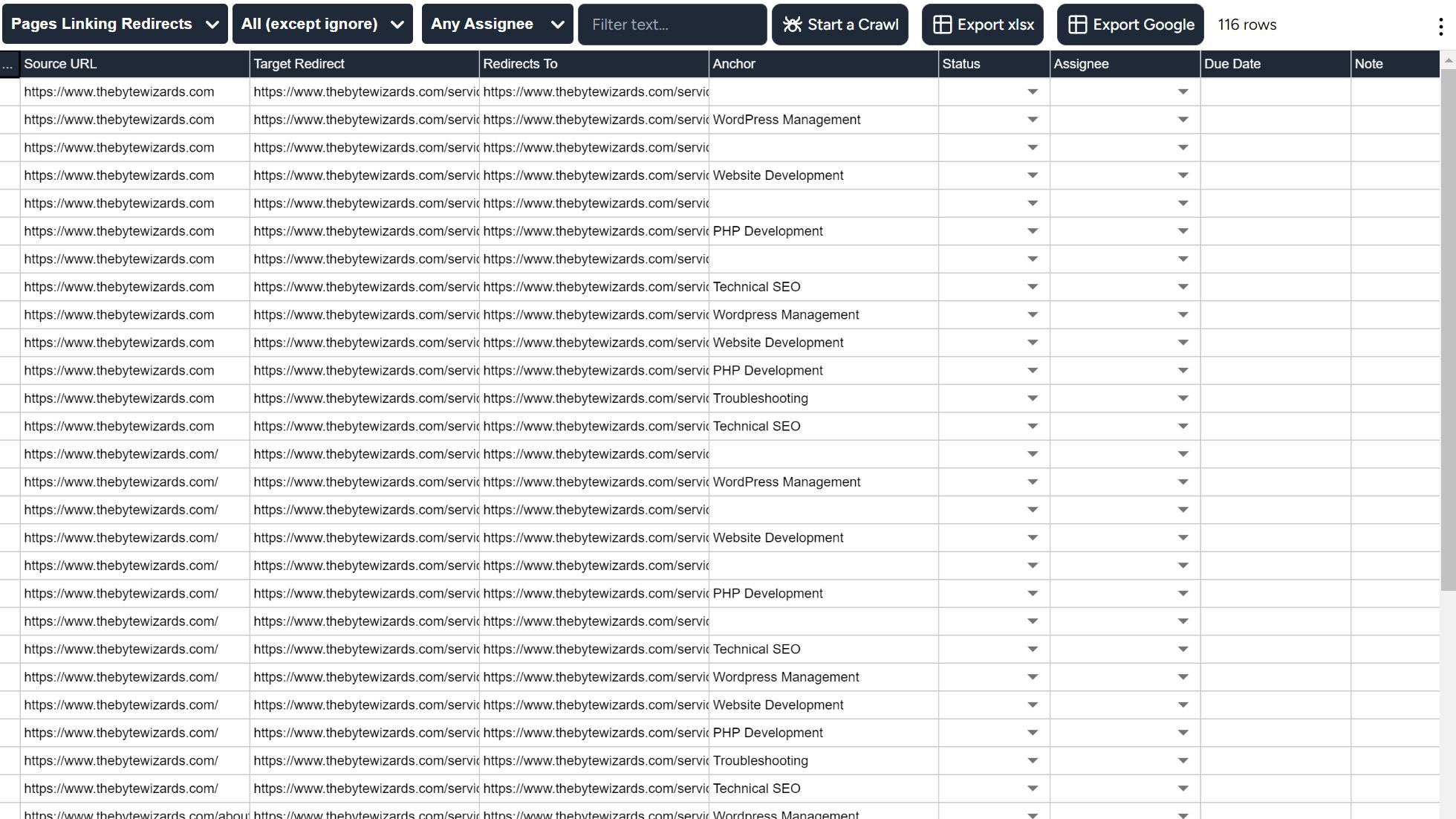 Pages linking redirects report