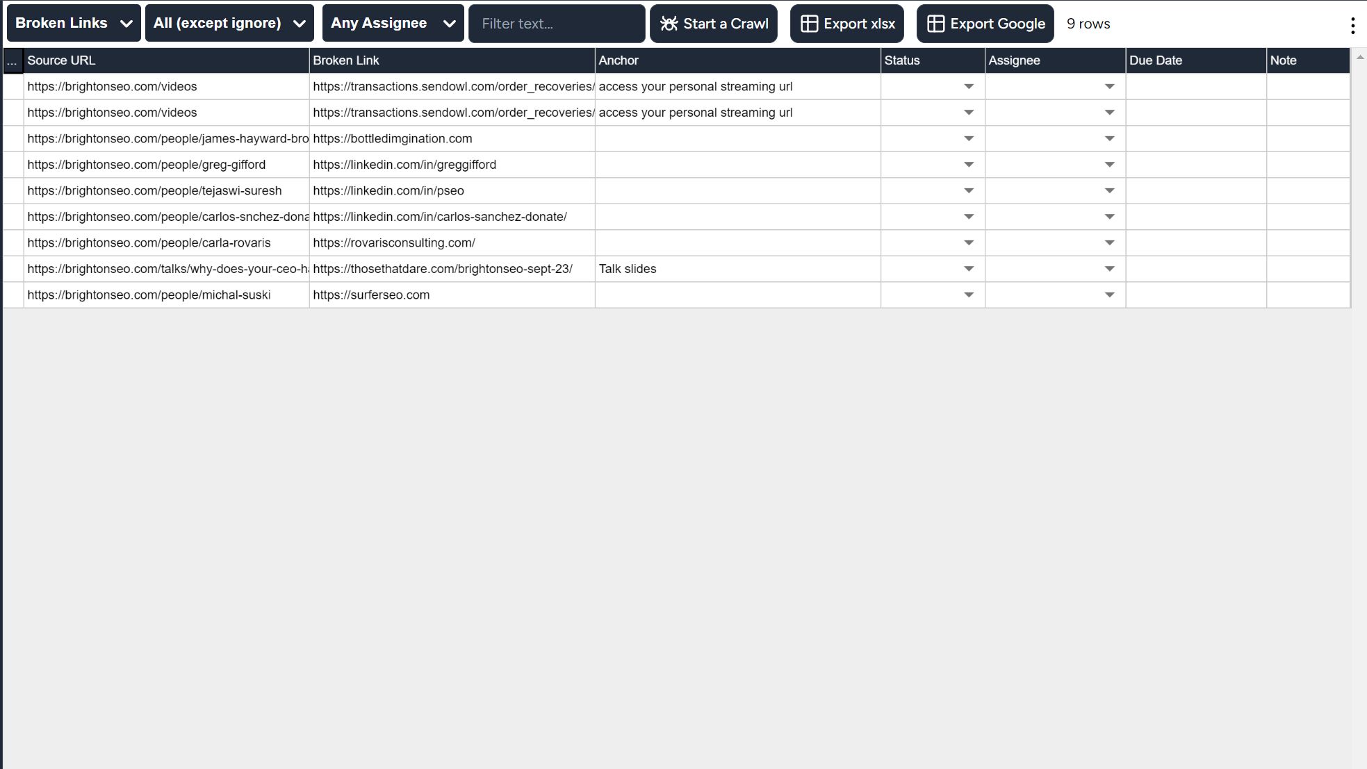 Broken links report